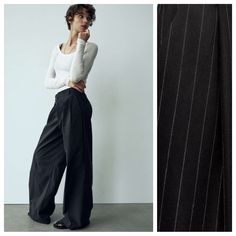 Nwt. Zara Black Viscose Blend Striped Pants With Topstitching, Side Pockets, Front Zipper And Metal Hooks Closure. Size Xs. Ref. 7385/512. Waist 14,5" Flat, Rise 12", Inseam 30,5". 1033. Chic High Waist Pinstripe Wide Leg Pants, Fitted Pinstripe Wide-leg Bottoms, Fitted Pinstripe Wide-leg Pants, Fitted Pinstripe Wide Leg Pants, Fall Pinstripe Wide Leg Bottoms, Chic Pinstripe Wide Leg Pants, Fitted Pinstripe Wide Leg Pants For Work, Fitted Pinstripe Wide Leg Bottoms, Zara Tailored Wide Leg Pants