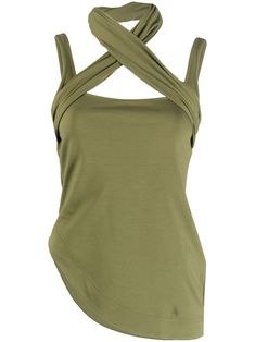 Green Elastane Summer Tops, Asymmetrical Stretch Tank Top For Summer, Stretch Asymmetrical Tank Top For Summer, Fitted Sleeveless Olive Top, Summer One Shoulder Top With Asymmetrical Neckline, Fitted Olive Sleeveless Top, Sleeveless Elastane One Shoulder Top For Summer, Sleeveless One Shoulder Top For Summer, Summer Asymmetrical Elastane Top