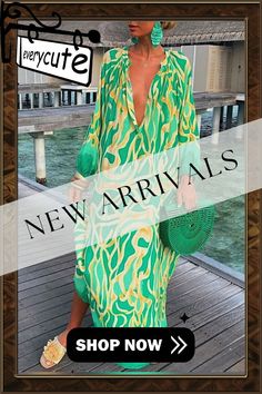 Women's Dresses Loose V-neck Long Sleeve Print Dress Long Sleeve V-neck Dress For Summer Vacation, Chic V-neck Dress For Beach Season, Green V-neck Midi Dress For Beach, Printed V-neck Dress For Day Out, Green V-neck Vacation Dress, Green V-neck Dress For Vacation, Green Midi Length V-neck Beach Dress, Green V-neck Dress For A Day Out, Printed V-neck Dress For Beach Season