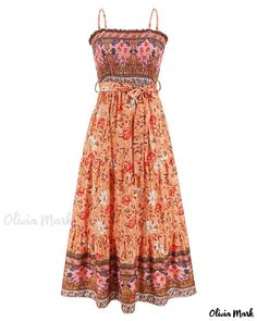 OliviaMark - Sophisticated Sleeveless A-line Dress featuring a Classic Collar, Square Neckline, and Exquisite Hollow Lace Trim Belted Floral Dress, Bohemian Dresses Long, Cami Maxi Dress, Dress Bohemian, Printed Long Dresses, Sleeves Clothing, Suspender Dress, Boho Maxi, Boho Maxi Dress