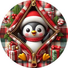 a penguin wearing a santa claus hat and holding a pair of scissors in its mouth