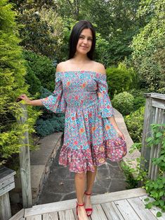 Look effortlessly stunning and step out in confidence wearing the Joyce Dress. Its off-shoulder design, luxe blue-hued floral print and contrast border elevate any look. Tailored from high-quality poly crepe fabric, it's a trendsetting piece designed to keep you comfortable and stylish all summer long. 💗 Off Shoulder closure  💗 Unique Features: Off shoulder Flair With Frills, Bottom Skirt With Extra Flair, Concealed Zipper at Left Hem, Very Limited Pieces Made from Scratch or Sketch.  💗 Wash Summer Off-shoulder Lined Dresses, Strapless Off-shoulder Dress For Beach In Summer, Bohemian Off-shoulder Dresses For Vacation, Summer Strapless Off Shoulder Flowy Dress, Flowy Strapless Off Shoulder Summer Dress, Flowy Strapless Off-shoulder Summer Dress, Beach Season Floral Print Off-shoulder Dress, Beach Season Off-shoulder Floral Print Dresses, Flowy One-shoulder Bohemian Dress