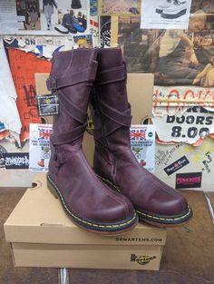 These are an extremely rare pair of Dr Martens boots. This boot was manufactured for a short period of time due to the overall cost being too high. The boot has a very good quality leather upper in a unique Dark Rose colour. The upper is very strong and the sole unit is extremely robust due to its construction. Whoever buys this boot will enjoy them for many years. These are a UK size 9, European 43, ladies USA 11. Vintage Moto Boots With Round Toe For Outdoor, Steel Toe Round Toe Boots For Fall, Knee-high Leather Sole Moto Boots For Winter, Winter Knee-high Leather Sole Moto Boots, Steel Toe Boots For Walking, Walking Boots With Steel Toe, Fall Steel Toe Round Toe Boots, Winter Knee-high Leather Moto Boots, Winter Knee-high Moto Boots With Leather Sole