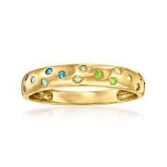 Ross-Simons - .18 ct. t. w. Multi-Gemstone Gradient Ring in 14kt Yellow Gold. Size 6. RS Pure. Modern designs that complete your outfit and complement your personality. Our cool-toned ring will ensure you start off each day feeling refreshed! The dainty design shows off a pretty gradient with .18 ct. tot. gem wt. sapphire, green and blue tourmaline, chrome diopside, peridot, London blue topaz and tsavorite gems. Crafted in 14kt yellow gold. 1/8" wide. Multi-gemstone gradient ring. Peridot births Colorful Wedding Band, Flush Setting, Peridot Birthstone, Multi Gemstone Ring, Green Ring, Flat Back Earrings, Topaz Color, Peridot Stone, Blue Tourmaline