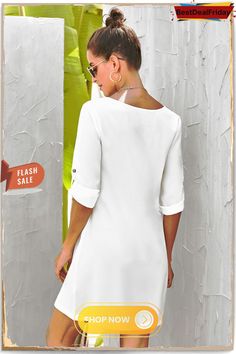 Bestdealfriday White V Neck Button Front Roll Up Tab Sleeve Dress P1481426 Spring Office Mini Dress With Button Cuffs, Spring Button Back Mini Dress For Work, Spring Workwear Mini Dress With Button Back, Summer Office Mini Dress With Button Closure, V-neck Shirt Dress For Office With Buttons, V-neck Shirt Dress With Buttons For Office, Casual Mini Dress With Buttons For Office, Casual Office Mini Dress With Buttons, White V-neck Shirt Dress With Buttons