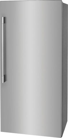 a stainless steel refrigerator with the door open and handle on it's left side