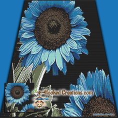 a cross stitch sunflower on a blue background with the words hotel creations com written below it