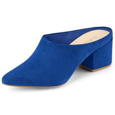 Add stylish footwear to your look with heeled mules by Allegra K. A backless style creates the slip-on design and these chunky-block heels finish the look. It is perfect to pair them with skirts or jeans for a variety of occasions. Please note that color may vary slightly according to the settings. It is stylish and you can pair these cute mules with all types of clothing. Good options for parties, sweet dating, shopping, festivals, banquets, office outfits, casual wear, and daily outfits. Party Clogs With Stacked Block Heel, Trendy Blue High Heel Mules, Chic Blue Pointed Toe Mules, Blue Mules With Sculpted Heel For Party, Blue Party Mules With Sculpted Heel, Blue Mules With Stacked Block Heel, Chic Blue Closed Toe Mules, Blue Block Heel Mules With Padded Heel, Blue Mules With Deep Heel Cup And Open Heel