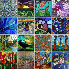 many different stained glass images with flowers and trees in the middle one has a black bird on it