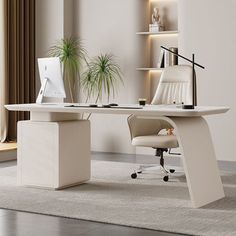 an office desk with two chairs and a computer on it in front of a window