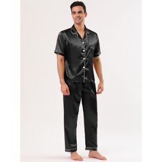 The men's satin pajama is light with its short sleeves and a notch collar. The classic full button down top makes this pajama easy to take on and off. This short-sleeve top keeps you cool through the hot summer nights. These pajama pants have a straight fit and elastic waist. The light and soft fabric makes this pajama set perfect for lounging, bathing or a pajama party. Satin Nightwear, Couple Pajamas, Classic Pajamas, Purple L, Satin Pajama, Pockets Pants, Mens Pajamas Set, Pajamas Sets, Mens Sleepwear