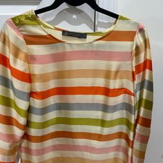 Excellent Condition, Banana Republic Striped Blouse With Three-Quarter Sleeves. Blouse Is Polyester And Machine Washable. Blouse Is Brand New, But No Tags. Spring Orange Silk Top, Orange Silk Top For Spring, Orange Silk Tops For Spring, Multicolor Long Sleeve Silk Blouse, Casual Multicolor Silk Top, Summer Orange Silk Tops, Orange Silk Summer Tops, Orange Silk Top For Summer, Fitted Multicolor Silk Tops