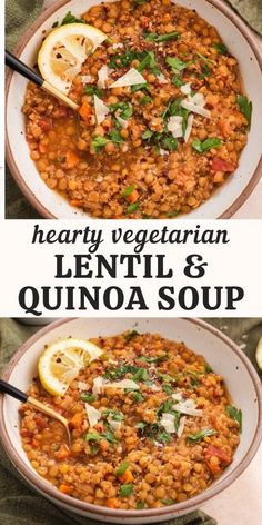 hearty vegetarian lentil and quinoa soup with lemons, parsley and parsley