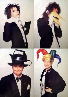 four pictures of the same person wearing different hats and ties, one with a banana in it's mouth