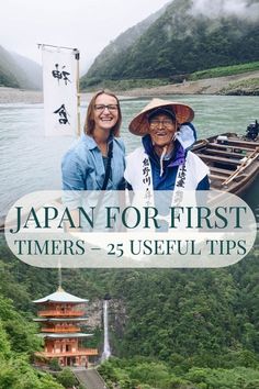 two women standing next to each other in front of a river with mountains and trees