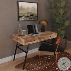 a wooden desk with a laptop on top of it next to a potted plant