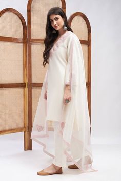 Off-white kurta with resham, zari embroidery on neckline and sleeve hem. Paired with straight pant and dupatta. - Aza Fashions White Straight Kurta With Sheer Dupatta, White Mulmul Palazzo Set, White Cotton Silk Sets For Diwali, Diwali White Cotton Silk Sets, Semi-stitched White Set With Dabka, Semi-stitched White Sets With Dabka Details, White Straight Kurta Palazzo Set For Eid, White Mulmul Palazzo Set For Designer Wear, White Palazzo Set With Sheer Dupatta And Straight Kurta