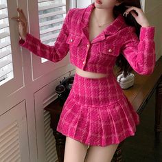 Bright pink tweed cropped blazer and pleated skirt set. Concealed side zipper. Lined with safety shorts. S: 13” across shoulders, 33" chest, 14" jacket length, 25" waist, 13.5" skirt lengthM: 13.5” across shoulders, 34.5" chest, 14" jacket length, 26.5" waist, 13.5" skirt lengthL: 14” across shoulders, 36" chest, 14.5" jacket length, 28" waist, 14" skirt length Occasional Outfits, Pink Outfits Aesthetic, Skirts Sets, Pink Skirt Outfits, Georgia Fashion, Coat Set, Blazer And Skirt Set, Miniskirt Outfits, Streetwear Y2k