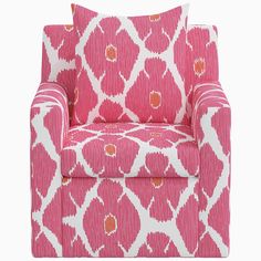 a pink and white chair with an orange flower pattern on the armrests, sitting in front of a white background