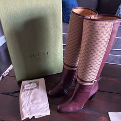 4" (102mm) Heel (Size 37+) 15 1/4" Shaft; 14 3/4" Calf Circumference Side Zip Closure Leather And Canvas Upper/Leather Lining/ Rubber And Leather Sole Made In Italy Women's Designer Shoes Gucci Formal Boots With Branded Heel Counter, Gucci Luxury Boots, Designer Gucci Boots For Work, Designer Gucci Boots With Branded Insole, Luxury Gucci Boots With Leather Lining, Elegant Gucci Boots With Leather Lining, Gucci Designer Boots For Business, Gucci Designer Business Boots, Gucci Formal Brown Boots