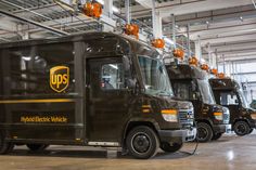 several ups trucks lined up in a warehouse