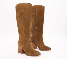 Whether you're dressing for an important client meeting, family photos, or an intriguing date, these stacked-heel boots in sleek, sophisticated leather absolutely make the outfit. From Vince Camuto. Calf Leather Boots With Stacked Heel For Work, Stacked Heel Almond Toe Boots For Workwear, Suede Mid-calf Boots With Stacked Heel For Work, Fall Calf Leather Heeled Boots With Stacked Heel, Fall Suede Boots For Office, Suede Boots For Office Wear In Fall, Fall Office Suede Boots, Suede Boots With Stacked Heel For Work, Suede Knee-high Boots With Stacked Heel For Work