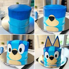 three pictures of a cake with blue frosting and cartoon characters on it, including the face of an angry bird