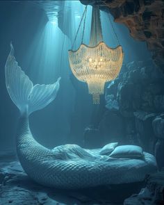 an underwater scene with a chandelier hanging from the ceiling and a mermaid tail