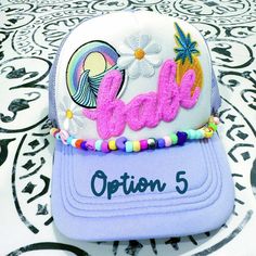 Cute Letter Print Hats For The Beach, Cute Beach Hats With Letter Print, Cute Adjustable Mini Hats For Festivals, Cute Adjustable Festival Hats, Cute Adjustable Hats For Festivals, Personalized Fun Summer Trucker Hat, Adjustable Multicolor Mini Novelty Hats, Adjustable Multicolor Novelty Mini Hats, Trendy Personalized Pink Hat