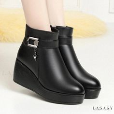 Lasaky - Fashionable Short Boots with Wedge Heel in Various Sizes Elegant Wedge Boots With Platform And Round Toe, Short Heeled Boots, Short Heels, Wedge Ankle Boots, Wedge Boots, Short Boots, Platform Wedges, Wedge Heels, Leather Shoes