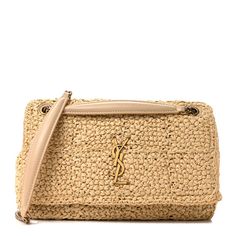 This is an authentic SAINT LAURENT Raffia Monogram Medium Jamie in Natural Avorio. This shoulder bag is crafted of woven raffia in natural beige. The bag features an aged gold bijoux crossbody strap with beige leather shoulder pads and a front flap with an aged gold YSL logo. The flap opens to a beige canvas interior with zipper and flat pockets. Designer Bags With Braided Handles In Natural Color, Designer Beige Crochet Bag For Travel, Designer Woven Straw Travel Bag, Designer Natural Woven Straw Bag, Natural Rectangular Straw Bag With Dust Bag, Designer Rectangular Straw Bag In Natural Color, Luxury Woven Cream Shoulder Bag, Designer Woven Straw Bag For Travel, Designer Beige Woven Straw Bag