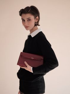 Dark Cherry Shoulder Bag (Pre-order. 3rd Restock will ship Mid March.) Designer Evening Satchel In Rectangular Case, Designer Evening Satchel With Rectangular Case, Designer Evening Satchel With Rectangular Shape, Designer Evening Satchel In Rectangular Shape, Designer Travel Clutch Flap Bag, Chic Leather Satchel Flap Bag With Dust Bag, Luxury Travel Clutch Satchel, Luxury Travel Satchel Clutch, Luxury Travel Clutch Shaped As A Satchel