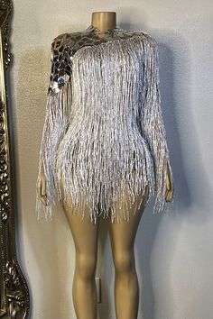 Reese Mirror Bodysuit (Ready To Ship) - AMEKANA.COM Fringe Bodysuit Outfit, Club Birthday Party, Fringe Bodysuit, Stage Fashion, Decoration Mirror, Club Birthday, Disco Dress, Body Suit Outfits, Party Dinner