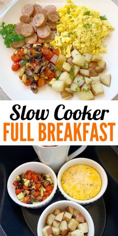 this slow cooker breakfast is full of vegetables, eggs and sausages it's ready to be eaten