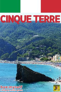 the cover of an italian magazine with people swimming in the water and mountains behind it