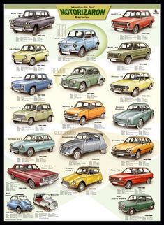 an old car poster with many different colors and sizes, including the cars in each color