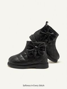 Toddler Girls Cute Bowknot All-Match Ankle Boots, Autumn/Winter Black Fashionable    Plain    Baby Shoes, size features are:Bust: ,Length: ,Sleeve Length: Winter Princess, Toddler Boots, Princess Shoes, Baby Boots, Winter Shoes, Black Leather Boots, Short Boots, Toddler Girls, Leather Boots