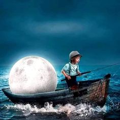 a boy in a boat holding a fishing pole and standing next to an enormous moon