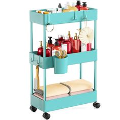 a blue cart filled with lots of different items