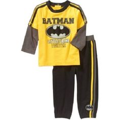 Batman Infant Boys 2 Piece Outfit Sizes-0-3m ,3-6m ,6-9m Nwt Tee: 58% Cotton, 42% Polyester (Sleeves: 92% Cotton, 8% Rayon) Pants: 58% Cotton, 42% Polyester Yellow Letter Print Tops For Playtime, Yellow Long Sleeve Top With Character Print, Playful Yellow Long Sleeve Sets, Baby Boy Batman, Baby Batman, Infant Boys, 2 Piece Outfit, Batman Logo, Rayon Pants