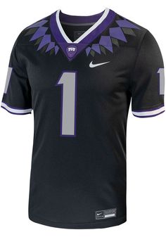 Get a piece of the Horned Frogs Horned Frogs action with this TCU Horned Frogs Black Replica Game Football Jersey. You'll look like one of the team as you wear this Jersey to support your Horned Frogs. With a screen print team wordmark and number on front with number on back, this Football Jersey makes a great addition to any Horned Frogs fan's closet. Dri-FIT knit pique body fabric to keep you cool and comfortable, Screen-print front and back numbers, Stitched down team logo patch at center fro Collegiate Cotton Jersey For Fan Gear, Collegiate Cotton Jersey For Fans, Black College Jersey Fan Apparel, Black College Fan Apparel Jersey, Black Team Spirit Jersey For Fan Gear, Black Varsity Jersey With Moisture-wicking, Black Cotton Jersey For Fan Gear, Black Moisture-wicking Varsity Jersey, Black Sports Season Jersey For Fan Gear