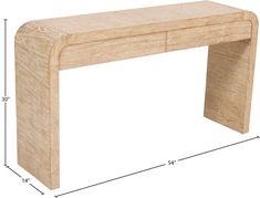 a wooden table with measurements for the top and bottom section, including an end drawer