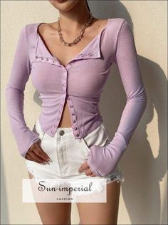 Purple  Single Breasted Translucent Long Sleeved Crop T-shirt Ribbed top Cute Y2k Aesthetic, Purple Lantern, Imperial Fashion, Fancy Shirt, Table S, Aesthetic Minimalist, Crop T Shirt, Next Clothes, Bottoming Shirt