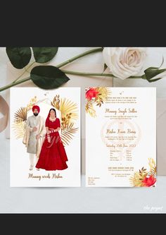 the wedding card is decorated with gold and red accents, along with a white rose