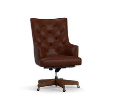 a brown leather office chair with wheels on an isolated white background, viewed from the front