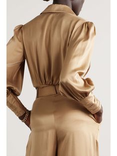 ZIMMERMANN Silk-satin wrap top Elegant Gold Blouse For Workwear, Elegant Gold Blouse For Work, Beige Silk Blouse For Evening, Beige Silk Blouse For Evening Wear, Gold Silk V-neck Top, Gold Silk Top For Formal Occasions, Gold Silk Formal Tops, Formal Gold Silk Top, Chic Gold Formal Blouse