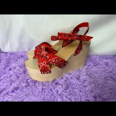 These Brand New Red Paisley Platforms Are Ideal For Your Tropical Vacations And Summer Fits! They Do Not Have A Box But Will Be Packaged Properly :) Size 8 Summer Festival Platform Heels, Trendy Adjustable Wedge Sandals For Party, Casual High Heel Sandals For Festival, Trendy Beach Wedge Sandals With Wooden Heel, Red Wedge Sandals For Party In Spring, Red Wedge Sandals For Spring Party, Trendy Red High Heel Sandals, Trendy Red Wedge Sandals For Party, Cute Red Sandals With Round Toe