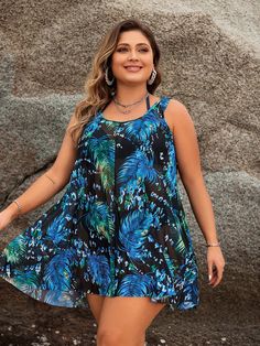 Multicolor  Collar Sleeveless Knitted Fabric Tropical  Embellished High Stretch  Women Plus Clothing Beach Plus Size, Cover Ups, Cover Up Dress, Tropical Print, Dress P, Plus Clothing, Summer Beach, All Fashion, Plus Size Dresses