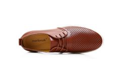 Material: Rubber, PU • Style: Lace Up Men's Shoes • Type: Casual Shoes, Basic, Lace-Up, Solid, Hollow Out Men Footwear • Material: EVA, PU Casual Brown Dress Shoes With Perforated Toe Box, Casual Brown Oxfords With Perforated Toe Box, Brown Leather Sole Dress Shoes For Summer, Brown Dress Shoes With Leather Sole For Summer, Brown Round Toe Oxfords For Summer, Summer Brown Round Toe Oxfords, Brown Business Lace-up Shoes With Perforated Toe Box, Brown Dress Shoes With Perforated Toe Box, Brown Dress Shoes With Perforated Toe