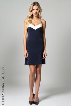 Olivia Mark - Elegant Navy Blue and Cream Contrast Cami Dress with Flattering V-Neckline Chic Navy V-neck Mini Dress, Navy Fitted V-neck Mini Dress, Fitted Navy V-neck Mini Dress, Navy Fitted Mini Dress With V-neck, Navy V-neck Mini Dress For Spring, Blue Cami, Graceful Movement, White Panel, White Paneling